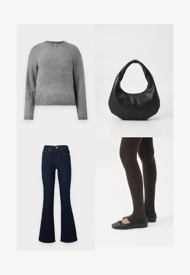 Grijze gebreide trui met een ronde hals, lange mouwen en geribde accenten bij de manchetten en de zoom. Zachte textuur met een iets losser pasvorm.; Donkerblauwe jeans met wijde pijpen, hoge taille, voorzakken en contrasterende stiksels, gemaakt van denimstof met een gladde textuur.; Benen met donkere geribbelde leggings gecombineerd met zwarte ballerina's met kleine strikdetails op een witte achtergrond.; Zwarte geweven handtas met een gebogen handvat, met een gestructureerd oppervlak en een slouchy vorm. Gladde afwerking met een organische silhouette.