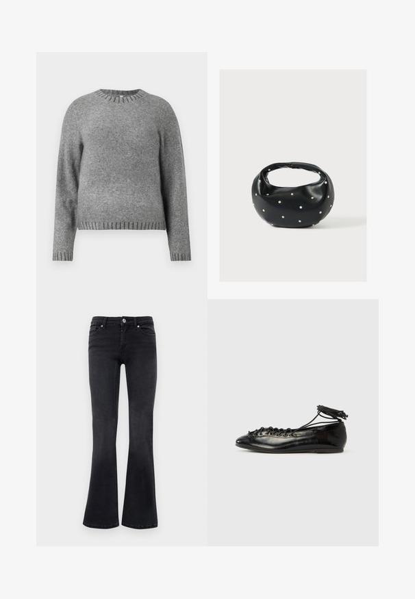 Pull en tricot gris avec un col rond, des manches longues et des accents côtelés aux poignets et à l'ourlet. Texture douce avec une coupe légèrement ample.; Jean bootcut en denim noir avec bouton avant, fermeture éclair, passants de ceinture et design à cinq poches.; Ballerines en cuir verni noir avec un bout rond, un design à lacets et une semelle plate. Texture lisse avec peu de détails.; Sac à main en cuir noir de forme arrondie, décoré de clous argentés et équipé d'une poignée courte. Texture lisse et fermeture éclair.