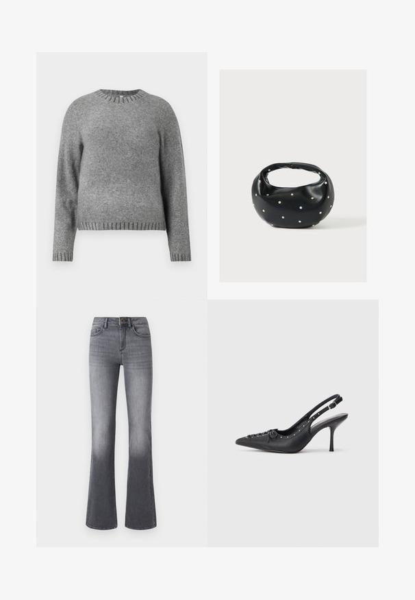 Grijze gebreide trui met een ronde hals, lange mouwen en geribde accenten bij de manchetten en de zoom. Zachte textuur met een iets losser pasvorm.; High-waisted flared jeans in donkergrijze denim, met voorzakken, een knoopsluiting en subtiele vervaging naar de zoom toe.; Zwarte leren slingback stiletto met spitse neus, zijgesp met gesp, studs langs de rand en decoratieve veters aan de voorkant.; Zwarte leren handtas met een afgeronde vorm, versierd met zilveren studs, en een korte handgreep. Gladde textuur en ritsluiting.