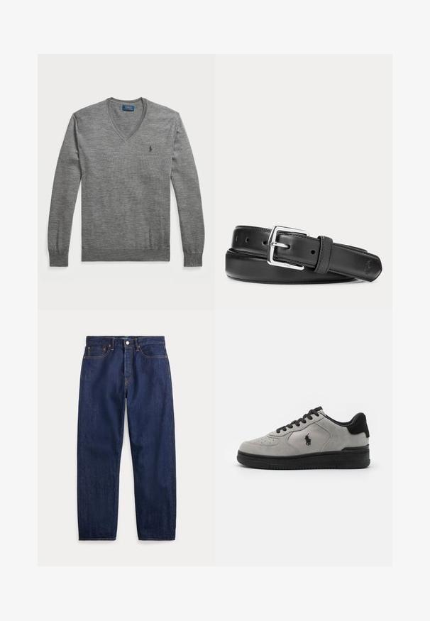 Grå v-hals sweater lavet af strikket stof. Har lange ærmer, ribbede manchetter og kant, samt et lille logo på venstre bryst.; Mørkeblå denimjeans med lige ben, fem lommer, knaplukning og synlige syninger.; Grå ruskinds-sneakers med sorte detaljer, der har et tekstureret stofpanel på siden, rund tå og sort gummisål. Logo broderet på siden.; Sort læderbælte med sølvfarvet rektangulært spænde, rullet sammen på en hvid baggrund, med et diskret præget logo på spidsen.