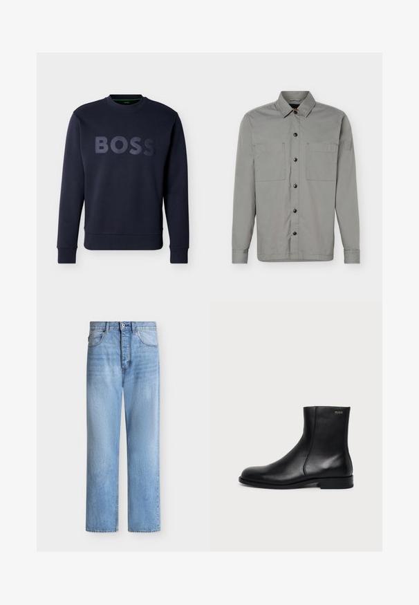 Sweat-shirt bleu marine à manches longues avec poignets et ourlet côtelés, arborant un lettrage "BOSS" en relief sur la poitrine.; Chemise grise à manches longues avec boutons, deux poches poitrine, col pointu et patch logo sur la partie supérieure gauche de la manche.; Jean droit en denim bleu clair avec fermeture par bouton et zip, poches avant et arrière, et passants de ceinture à la taille.; Bottine en cuir noir à talon bas, couture latérale et petit logo "HUGO" sur le revers supérieur sur un fond uni.
