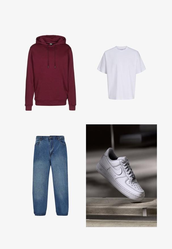 Bordeauxfarbener Hoodie mit Fronttasche, Kordelzugkapuze, gerippten Bündchen und Saum, abgebildet auf weißem Hintergrund.; Schlichtes weißes oversized T-Shirt mit kurzen Ärmeln, Rundhalsausschnitt und lockerem Sitz vor weißem Hintergrund.; Hellblaues Denim-Jeans mit lockerer Passform, ausgestattet mit einem Knopfverschluss, Fünf-Taschen-Design und leicht ausgewaschenem Stoff.; Weißer Nike Air Force 1 Sneaker aus Leder mit perforierter Zehenpartie, flachen Schnürsenkeln und strukturierter Gummisohle mit "AIR"-Branding an der Seite.