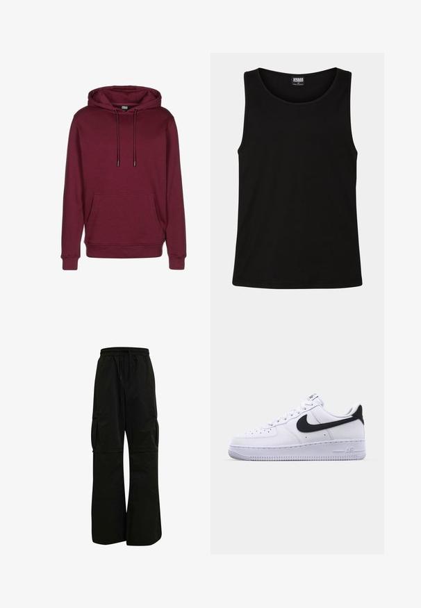 Bordeauxfarbener Hoodie mit Fronttasche, Kordelzugkapuze, gerippten Bündchen und Saum, abgebildet auf weißem Hintergrund.; Schwarzes Tanktop aus weichem Baumwollstoff. Hat einen runden Halsausschnitt und breite Armausschnitte, ohne sichtbare Muster oder Akzente.; Schwarze Cargo-Hosen mit einem elastischen Bund, weitem Beinsaum und großen seitlichen Taschen für Funktionalität und Komfort. Glatte Textur.; Weißes Leder-Sneaker mit einem strukturierten schwarzen Swoosh, flachen Schnürsenkeln und einer Gummisohle mit genoppetem Muster. "AIR" ist auf der Ferse eingeprägt.
