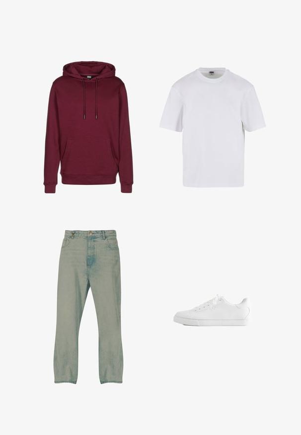 Bordeauxfarbener Hoodie mit Fronttasche, Kordelzugkapuze, gerippten Bündchen und Saum, abgebildet auf weißem Hintergrund.; Weißes T-Shirt mit kurzen Ärmeln aus Baumwolle. Besitzt einen Rundhalsausschnitt und eine lockere Passform. Glatte Textur, minimalistisches Design, ohne Muster oder Akzente.; Hellblaue Jeans mit geradem Bein, auf der Vorderseite mit Knöpfen, Gürtelschlaufen und vorderen Taschen, vor weißem Hintergrund präsentiert.; Weißer Low-Top-Sneaker mit Schnürsenkeln, glattem Lederobermaterial und flacher Gummisohle, seitlich auf weißem Hintergrund gezeigt.