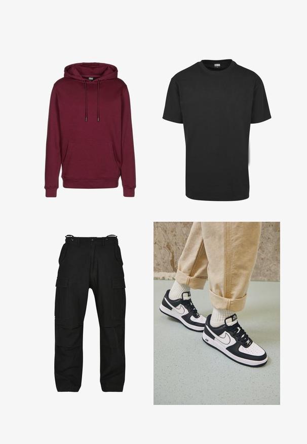 Bordeauxrode hoodie met voorzak, trekkoord capuchon, geribde boordjes en zoom, afgebeeld op een witte achtergrond.; Zwart katoenen T-shirt met korte mouwen, ronde halslijn en een standaard pasvorm. De stof lijkt glad en ongekleed.; Zwarte cargo broek van stevig materiaal. Beschikt over meerdere zakken, een ontspannen pasvorm en een ritssluiting met knoop. Verstevigde stiksels op de naden.; Zwart-witte Nike Air Force 1 sneakers met een leren bovenwerk, geperforeerde neus en gestructureerde zooldetails, gedragen met opgerolde beige broek en witte sokken.