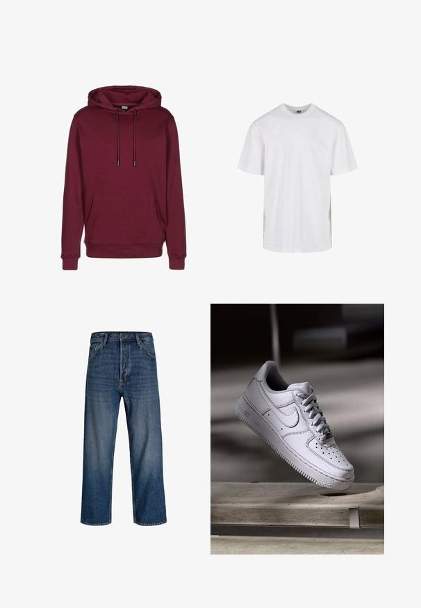 Bordeauxrode hoodie met voorzak, trekkoord capuchon, geribde boordjes en zoom, afgebeeld op een witte achtergrond.; Eenvoudig wit T-shirt met korte mouwen en ronde hals, met een losse pasvorm, afgebeeld tegen een witte achtergrond.; Denim jeans met een recht model, donkere blauwtint en subtiele vervaging. Voorzien van vijf zakken en een knoopsluiting.; Witte Nike Air Force 1 sneaker van leer met geperforeerde neus, platte veters en een gestructureerde rubberen zool met "AIR"-logo aan de zijkant.