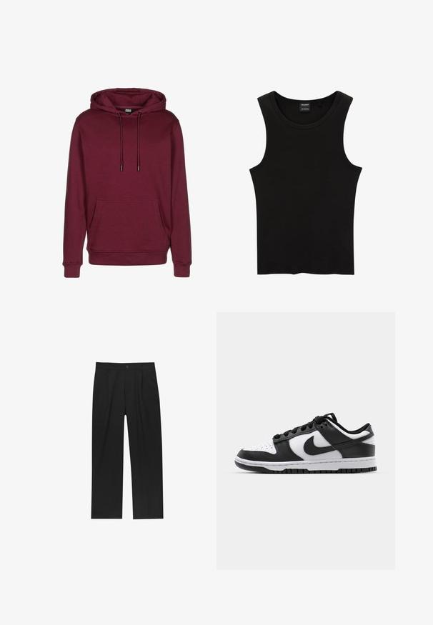 Bordeauxrode hoodie met voorzak, trekkoord capuchon, geribde boordjes en zoom, afgebeeld op een witte achtergrond.; Zwarte geribbelde tanktop met een ronde halslijn en wijde armsgaten, gemaakt van een zachte, rekbare stof. Label: Pull&Bear.; Zwarte broeken met een recht model, gemaakt van een gladde stof. Voorzien van een voorplooien en een enkele knoopsluiting bij de taille.; Zwart-witte Nike Dunk sneakers met een leren bovenwerk, geperforeerde neus, zwarte veters en een zwarte rubberen zool met profiel.