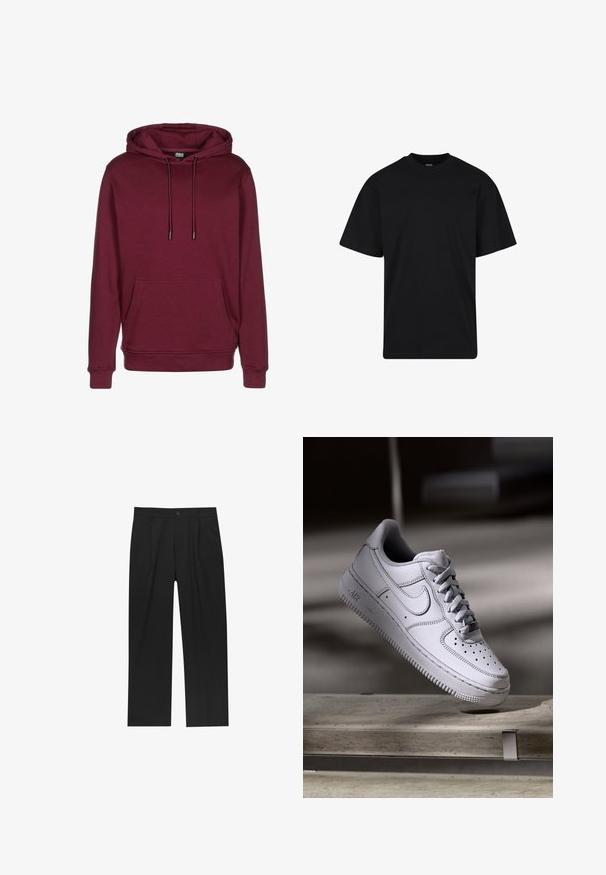 Bordeauxrode hoodie met voorzak, trekkoord capuchon, geribde boordjes en zoom, afgebeeld op een witte achtergrond.; Zwarte T-shirt met korte mouwen en ronde hals, een ontspannen pasvorm, eenvoudig ontwerp zonder zichtbare logo's of patronen.; Zwarte broeken met een recht model, gemaakt van een gladde stof. Voorzien van een voorplooien en een enkele knoopsluiting bij de taille.; Witte Nike Air Force 1 sneaker van leer met geperforeerde neus, platte veters en een gestructureerde rubberen zool met "AIR"-logo aan de zijkant.