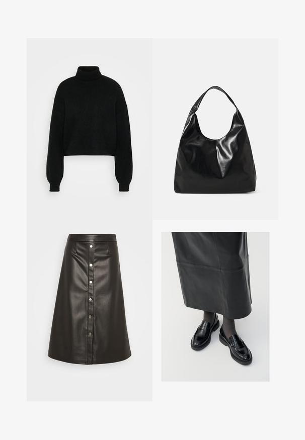 Pull en laine noir court avec col roulé haut, texture côtelée et manches larges. Fabriqué en matière tricot douce. Design simple sans motifs.; Jupe noire en A en simili cuir, avec une fermeture avant à boutons de couleur argentée et une taille structurée.; Mocassins en cuir noir avec une finition lisse, ornés d'une bande décorative, à bout rond et avec une semelle texturée. Portés avec une longue jupe en cuir noir.; Sac hobo en cuir noir avec une texture douce et brillante et un haut ouvert arrondi. Dispose d'une large sangle courbée pour le transport. Pas de matériel visible.