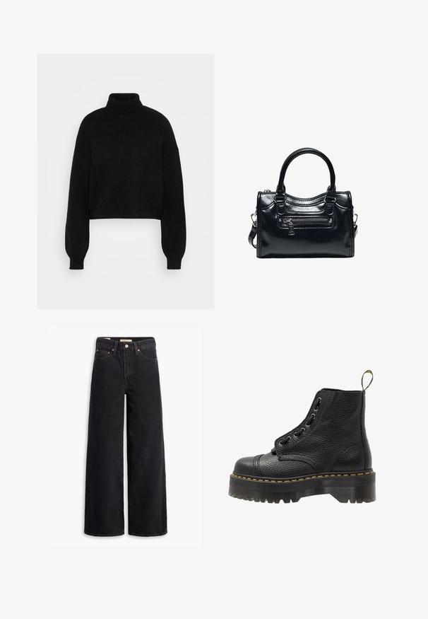 Sort cropped sweater med høj krave, ribbet tekstur og brede ærmer. Lavet af blødt strikmateriale. Simpelt design uden mønstre.; Sorte brede benjeans lavet af denim, med fem lommer, kobbernitter og en klassisk knaplukning. Glat tekstur med et rent design.; Sorte læder ankelstøvler med tekstureret overflade, rund tå, snørebåndsdesign, gule stikninger og en tyk, rillet sort platformsål.; Sort skinnende læderhåndtaske med to håndtag, lynlåslomme foran og aftagelig skulderrem på hvid baggrund.