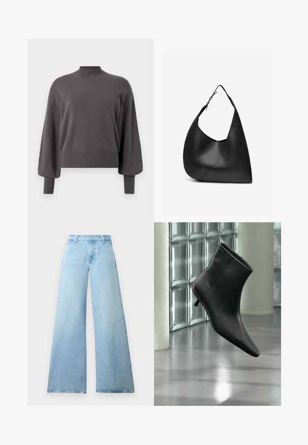 Pull gris en maille avec col montant et manches larges. Comprend des poignets et un ourlet côtelés, avec une texture douce et une coupe décontractée.; Jean large bleu clair en denim avec taille haute, doté d'un bouton de fermeture et de cinq poches. Texture lisse et silhouette décontractée.; Bottine en cuir noir à bout pointu et petit talon kitten, présentée en angle devant un sol poli et un mur en blocs de verre.; Sac à épaule en cuir noir avec forme triangulaire incurvée, une seule sangle ajustable, et une couture diagonale visible à l'avant.