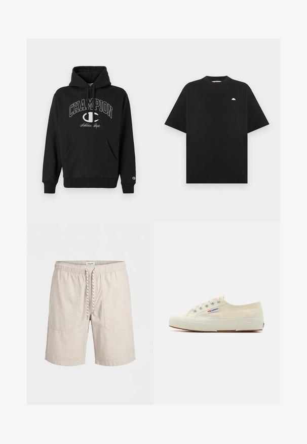 Sort hætte sweatshirt lavet af bomuld, med en frontlomme, snøre og hvidt trykt "CHAMPION" logo med accenter på brystet.; Sort T-shirt med korte ærmer og et lille hvidt halvcirkel-logo på venstre bryst, lagt fladt på en lysegrå baggrund.; Beige afslappede shorts med elastisk linning, forlommer og hvid snor til at stramme, vist på en ensfarvet baggrund.; Beige lærredssneaker med et lavprofildesign, metaløjet og gummisål. Har et tekstureret mønster og logodetalje på siden.