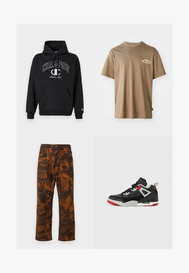 Sort hætte sweatshirt lavet af bomuld, med en frontlomme, snøre og hvidt trykt "CHAMPION" logo med accenter på brystet.; Brun bomulds T-shirt med rund hals, korte ærmer og et hvidt logo med teksten "Dickies Workwear" på venstre brystområde.; Brune mønstrede bukser med et collage af mørke designs, flagrende benform, standard knap- og lynlåslukning samt fem-lomme stil.; Sort atletiksko i læder og mesh med grå og røde accenter samt en synlig luftpude. Har snørelukning foran og strukturerede sidestykker.