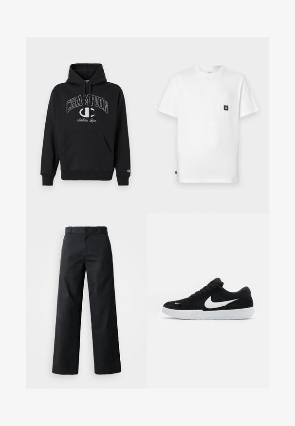 Sort hætte sweatshirt lavet af bomuld, med en frontlomme, snøre og hvidt trykt "CHAMPION" logo med accenter på brystet.; Hvid bomulds T-shirt med rund halsudskæring, korte ærmer og en brystlomme med en sort logopatch. Glat tekstur, løs pasform.; Sorte brede bukser lavet af bomuld. Har en knaplukning, bæltestropper og sidelommer. Glat tekstur med en skræddersyet pasform.; Sorte ruskindssneakers med hvide accenter, der har en rund tå, tyk hvid sål og sorte snørebånd. Fremtrædende hvidt Nike-logo på siden.