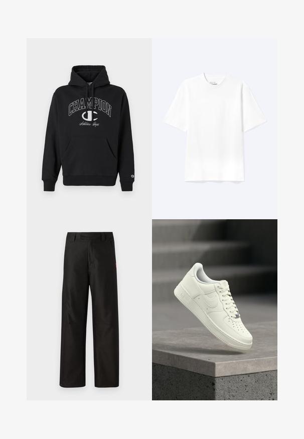 Sweatshirt à capuche noire en coton, avec une poche frontale, des cordons de serrage et un logo "CHAMPION" imprimé en blanc avec des accents sur la poitrine.; T-shirt blanc uni à manches courtes et col rond avec une coupe décontractée, présenté sur un fond clair.; Pantalons larges noirs en tissu lisse, avec une taille plate dotée de passants de ceinture et de deux poches latérales. Accent du logo de la marque en rouge sur le côté.; Baskets en cuir blanc au design profilé, surface texturée, perforations sur le bout et accents argentés sur les lacets et le logo.