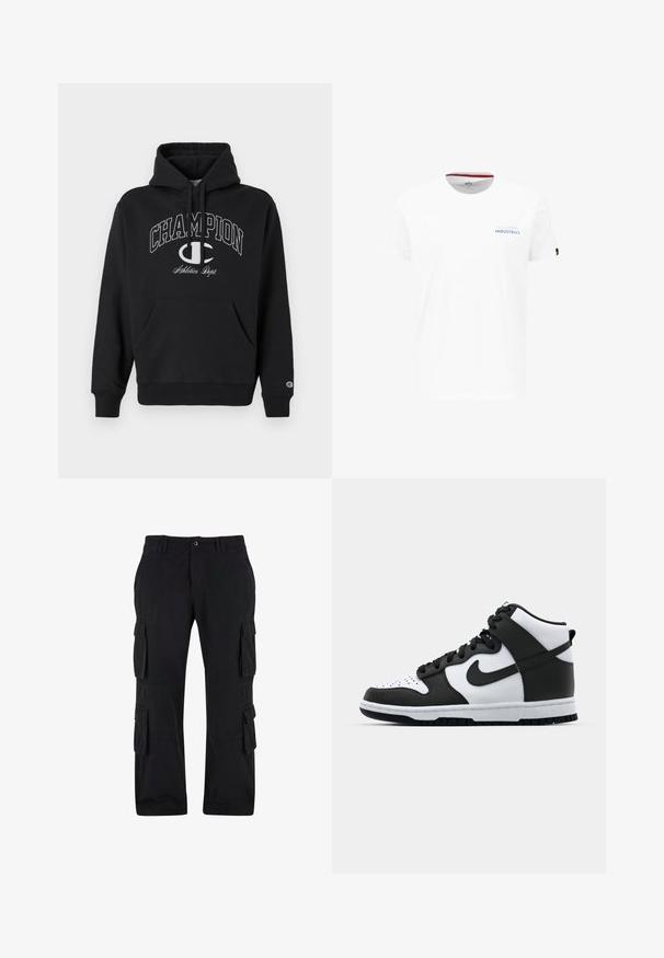 Sort hætte sweatshirt lavet af bomuld, med en frontlomme, snøre og hvidt trykt "CHAMPION" logo med accenter på brystet.; Hvid bomulds t-shirt med rund hals, korte ærmer og en blå logo tekst "ALPHA INDUSTRIES" på venstre brystområde.; Sorte cargo bukser lavet af bomuldsstof, med flere sidelommer, en afslappet pasform og lige ben-design.; Sort og hvid høj-top sneakers med læderoverdel, perforeret tåboks, fremtrædende swoosh-logo og struktureret gummisål.