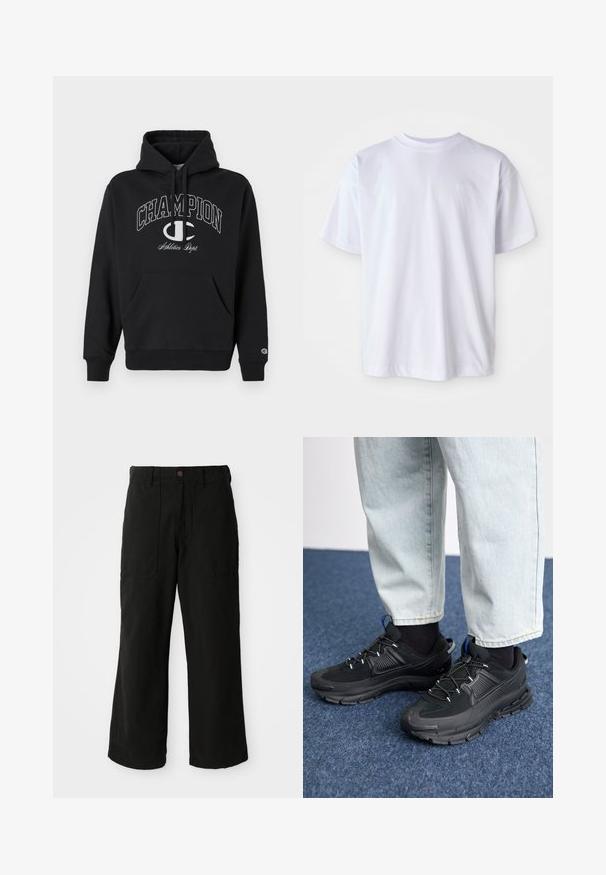 Sort hætte sweatshirt lavet af bomuld, med en frontlomme, snøre og hvidt trykt "CHAMPION" logo med accenter på brystet.; Hvid bomulds T-shirt med rund hals og korte ærmer. Har et diskret logo broderet i matchende farve på venstre bryst.; Sorte vide benbukser lavet af blødt stof, med frontlommer og en knaplukning i taljen. Minimalistisk design uden synlige mønstre.; Sorte træningssko med tekstureret stof og gummisåler, udstyret med elastiske snørebånd og en blå detalje på hælen. Bæres med lyse denimbukser.