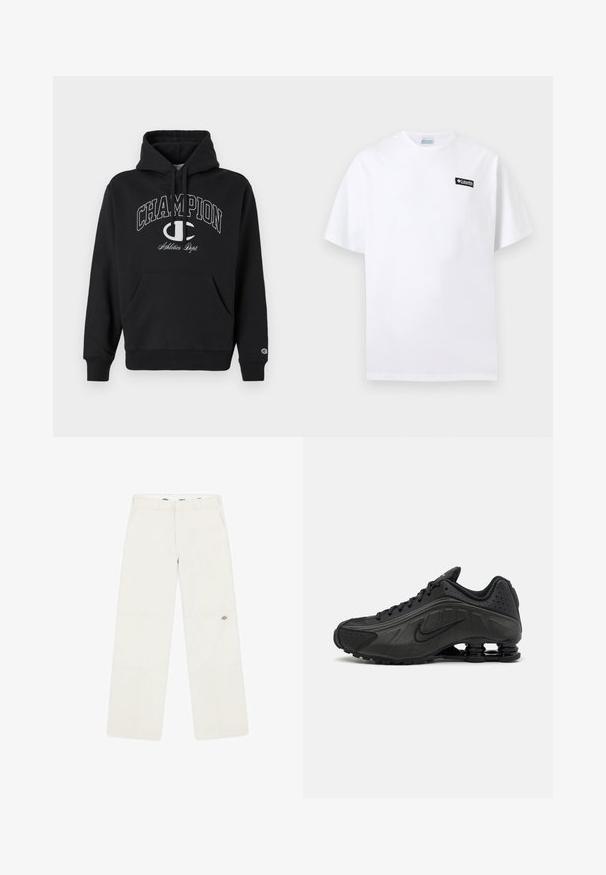 Sort hætte sweatshirt lavet af bomuld, med en frontlomme, snøre og hvidt trykt "CHAMPION" logo med accenter på brystet.; Hvid T-shirt med korte ærmer og et lille sort Columbia-logo på venstre side af brystet mod en ensfarvet baggrund.; Løse hvide bukser lavet af stof med subtil tekstur. Har et logo nær kanten og en ren, lige ben design.; Sorte løbesko med en glat syntetisk overdel, perforerede detaljer, teksturerede sidedele og en distinkt fjedrende sål.