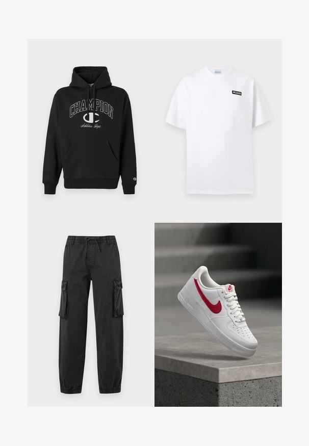 Sort hætte sweatshirt lavet af bomuld, med en frontlomme, snøre og hvidt trykt "CHAMPION" logo med accenter på brystet.; Hvid T-shirt med korte ærmer og et lille sort Columbia-logo på venstre side af brystet mod en ensfarvet baggrund.; Sorte cargobukser lavet af struktureret stof med elastisk talje og snøre. Har sidelommer og elastiske manchetter ved anklerne.; Hvid Nike Air Force 1 sneaker med rødt swoosh-logo svæver over en betonafdækning og trapper i baggrunden.