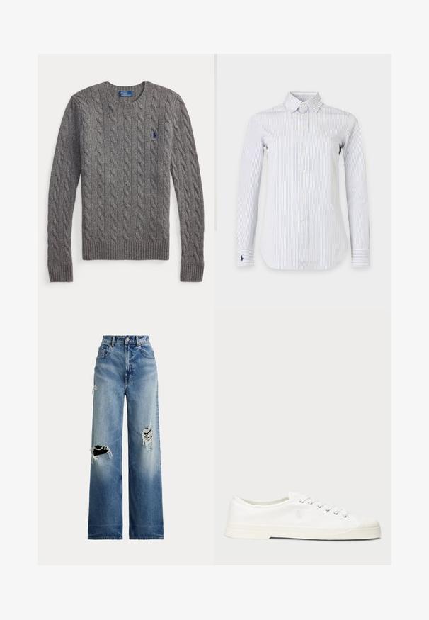 Pull gris à manches longues en maille torsadée avec poignets et ourlet côtelés, encolure ronde, et petit logo bleu de joueur de polo sur la poitrine.; Chemise blanche à manches longues boutonnée avec fines rayures verticales bleu marine, col pointu et logo brodé de joueur de polo bleu marine sur le poignet gauche.; Jean en denim bleu à jambes larges avec des déchirures usées aux genoux, doté d'une taille haute, d'une fermeture à boutons et d'un design classique à cinq poches.; Sneaker en toile blanche avec un bout rond, fermeture lacée et un détail de logo discret. Caractéristiques d'un tissu texturé et d'une semelle en caoutchouc.