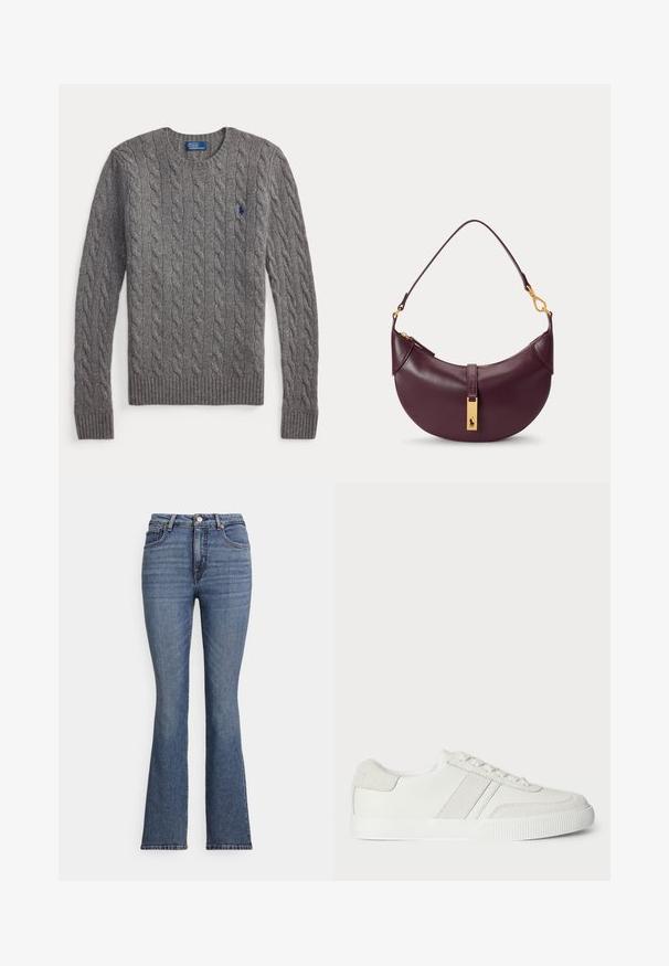 Pull gris à manches longues en maille torsadée avec poignets et ourlet côtelés, encolure ronde, et petit logo bleu de joueur de polo sur la poitrine.; Jean en denim bleu évasé avec une taille haute, doté de cinq poches, de surpiqûres contrastantes et d'une texture lisse.; Basket blanche avec une tige en cuir lisse, des accents en suède et des lacets plats. Dispose d'une semelle en caoutchouc texturée et d'un design minimaliste.; Petit sac à bandoulière en cuir violet foncé avec fermeture éclair dorée et étiquette logo rectangulaire dorée sur la sangle avant.