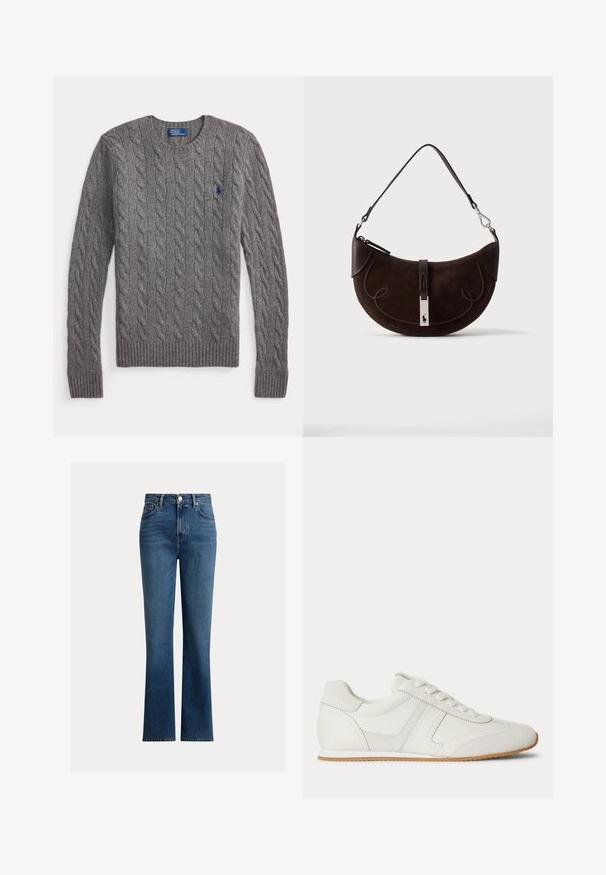 Pull gris à manches longues en maille torsadée avec poignets et ourlet côtelés, encolure ronde, et petit logo bleu de joueur de polo sur la poitrine.; Jean bleu taille haute à jambe droite, fermeture avant par bouton et zip, design cinq poches sur fond uni.; Baskets basses blanches avec laçage à l'avant, panneaux en daim et cuir, et une semelle en caoutchouc marron clair sur fond blanc.; Sac à main en daim brun foncé en forme de croissant avec bordure tressée, bandoulière en cuir et fermoir argenté avec un petit logo cheval.
