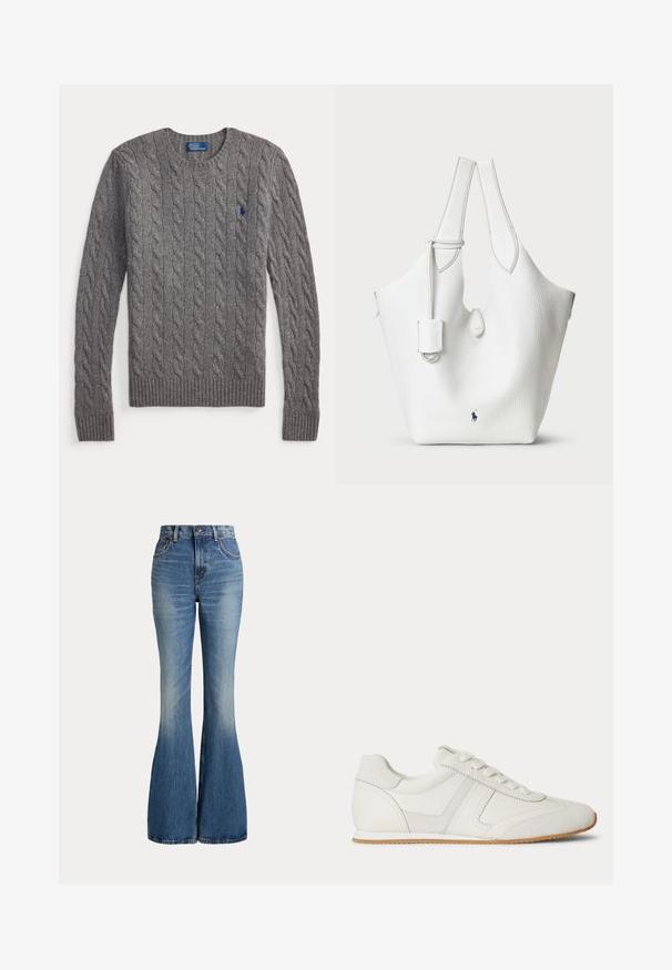Pull gris à manches longues en maille torsadée avec poignets et ourlet côtelés, encolure ronde, et petit logo bleu de joueur de polo sur la poitrine.; Jean en denim bleu taille haute avec jambes évasées et légère décoloration sur la partie avant des cuisses, présenté sur fond blanc.; Baskets basses blanches avec laçage à l'avant, panneaux en daim et cuir, et une semelle en caoutchouc marron clair sur fond blanc.; Sac fourre-tout en cuir blanc avec une finition texturée, deux grandes poignées et une petite poche latérale. Présente un accent de logo bleu.