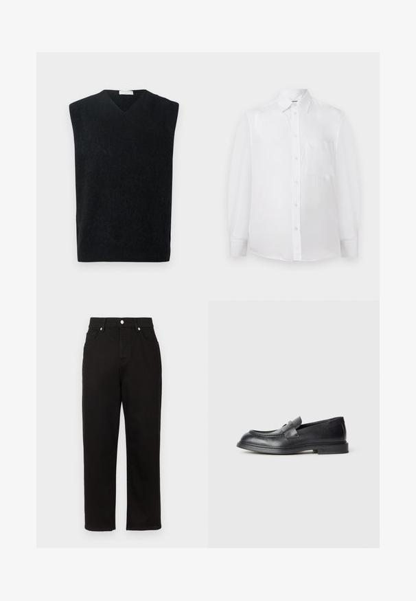 Pull noir sans manches en V en matière douce, avec une coupe épurée et simple, sans accents ni motifs supplémentaires.; Chemise blanche à manches longues avec col et poche poitrine, présentée de face sur un fond blanc.; Pantalon en denim noir avec une coupe droite, présentant une taille haute, des poches frontales et des garnitures en métal argenté au niveau de la ceinture.; Mocassins en cuir noir avec une finition texturée, dotés d'une bride décorative à l'avant et d'un bout arrondi. Semelle en caoutchouc pour plus de durabilité.