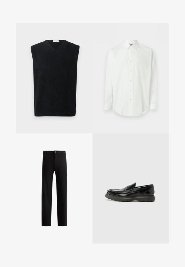 Sort ærmeløs V-hals sweater lavet af blødt materiale, med en ren, simpel skæring uden yderligere accenter eller mønstre.; Hvid skjorte med lange ærmer, knapper foran, klassisk krave og manchetter, vist mod en ensartet lys baggrund.; Sorte skræddersyede bukser med flad front, lige ben, enkelt knaplukning og bæltestropper, lavet af et glat stof uden synlige mønstre.; Sort læderloafer med en blank finish, rund tå, subtile syninger og en tyk gummisål for holdbarhed.