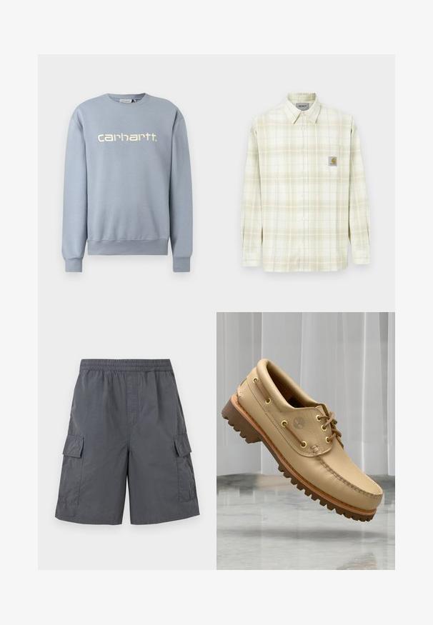 Sweatshirt Carhartt bleu clair à col rond, manches longues avec poignets et ourlet côtelés, arborant le nom de la marque brodé en blanc sur la poitrine.; Chemise à carreaux de couleur claire avec des manches longues, un devant à boutons et une poche poitrine avec un patch logo. Matière en coton au toucher doux.; Short cargo gris foncé avec taille élastique et poches à rabat de chaque côté, présenté sur un fond clair.; Chaussure bateau en cuir marron clair avec semelle épaisse et striée et détails de lacets, flottant au-dessus d'un sol en marbre et d'un fond de stores verticaux blancs.