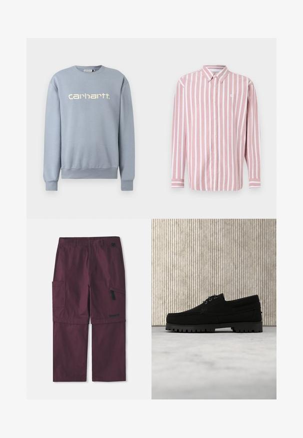 Sweatshirt Carhartt bleu clair à col rond, manches longues avec poignets et ourlet côtelés, arborant le nom de la marque brodé en blanc sur la poitrine.; Chemise à boutons rayée rose et blanche. Comprend un col, des manches longues et un petit logo. Fabriquée en tissu tissé.; Pantalons cargo convertibles bordeaux avec poche zippée sur le côté et logo Timberland sur la jambe droite, avec entrejambe allongé montré.; Chaussure noire à lacets avec semelle épaisse à nervures flottant au-dessus d'un tapis beige, table ronde moderne marron en arrière-plan dans une pièce à éclairage doux.