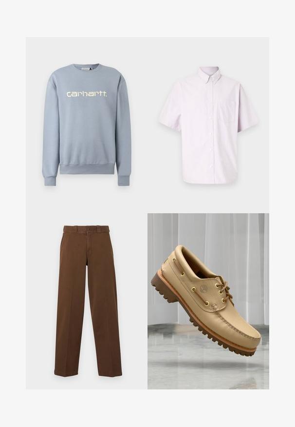 Ανοιχτό μπλε φούτερ Carhartt με στρογγυλή λαιμόκοψη, μακριά μανίκια και ριμπ μανσέτες και τελείωμα, με το λευκό κεντημένο όνομα της μάρκας στο στήθος.; Πουκάμισο με κοντό μανίκι και κουμπιά από βαμβάκι σε ανοιχτό λεβαντί, με κλασικό γιακά και τσέπη στο αριστερό μέρος του στήθους, με απαλό ύφασμα.; Καφέ παντελόνι με ίσια γραμμή, κλείσιμο με κουμπί και φερμουάρ, θηλιές για ζώνη και πλαϊνές τσέπες, που παρουσιάζεται σε ανοιχτό φόντο.; Ένα ανοιχτό καφέ δερμάτινο ναυτικό παπούτσι με παχύ, ραβδωτό πάτο και λεπτομέρειες από κορδόνια, που αιωρείται πάνω από ένα μαρμάρινο δάπεδο με φόντο λευκές κατακόρυφες περσίδες.