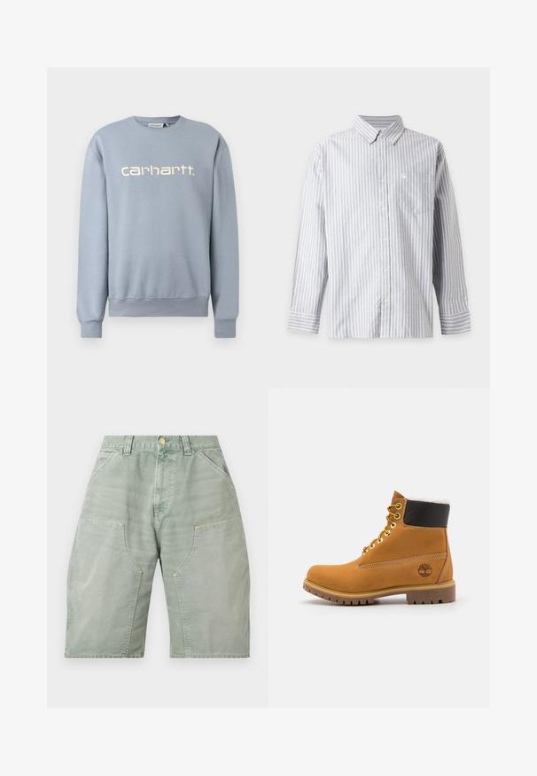 Ανοιχτό μπλε φούτερ Carhartt με στρογγυλή λαιμόκοψη, μακριά μανίκια και ριμπ μανσέτες και τελείωμα, με το λευκό κεντημένο όνομα της μάρκας στο στήθος.; Πουκάμισο μακρυμάνικο με κάθετες γκρι και λευκές ρίγες, τσέπη στο στήθος και γιακά με κουμπιά.; Ανοιχτό πράσινο σορτς μήκους μέχρι το γόνατο με μεγάλες μπροστινές τσέπες, θηλιές για ζώνη και κλείσιμο με κουμπί στη μέση.; Καφέ δερμάτινο μποτάκι αστραγάλου με μεταλλικές υποδοχές, λευκή γούνινη επένδυση, μαύρο μαλακό περιλαίμιο, ανθεκτική σόλα και ανάγλυφο λογότυπο στο πλάι.