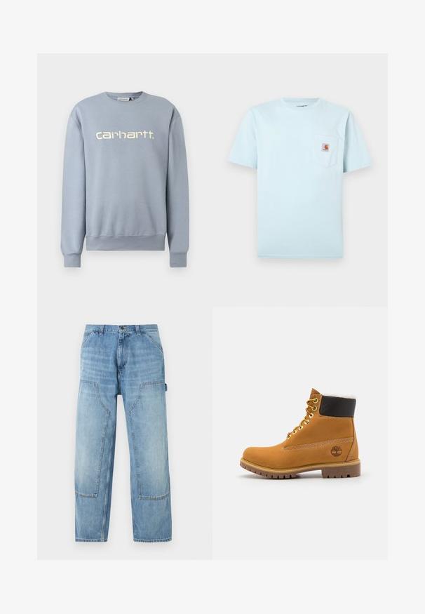 Ανοιχτό μπλε φούτερ Carhartt με στρογγυλή λαιμόκοψη, μακριά μανίκια και ριμπ μανσέτες και τελείωμα, με το λευκό κεντημένο όνομα της μάρκας στο στήθος.; Ανοιχτό μπλε κοντομάνικο T-shirt με στρογγυλή λαιμόκοψη και τσέπη στο στήθος που φέρει ένα μικρό καφέ και πορτοκαλί λογότυπο Carhartt.; Ανοιχτό μπλε τζιν παντελόνι τύπου carpenter με μεγάλες μπροστινές τσέπες και θηλιά για σφυρί στη δεξιά πλευρά, με ίσια γραμμή στο παντελόνι.; Καφέ δερμάτινο μποτάκι αστραγάλου με μεταλλικές υποδοχές, λευκή γούνινη επένδυση, μαύρο μαλακό περιλαίμιο, ανθεκτική σόλα και ανάγλυφο λογότυπο στο πλάι.
