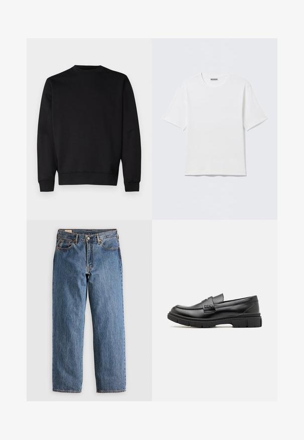 Sort sweatshirt lavet af blødt stof, med rund halsudskæring, lange ærmer og ribkant ved ærmerne og nederst for en tætsiddende look.; Hvid, kortærmet t-shirt med rund hals og et lille "WEEKDAY"-mærke på indersiden af bagkraven, vist på en flad overflade.; Blå denimjeans med lige snit, der har høj talje, kobbernitter og orange syninger. Foran og bagpå er der lommer.; Sort læder loafersko med en bred rem over forfoden, gummisål med tykke mønstre og glat overflade. Klassisk, slankt design.