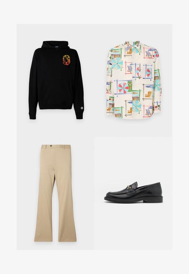 Schwarze Kapuzenjacke aus weichem Stoff, mit einer Vorderseite-Tasche, gerippten Bündchen und einem Astronauten-Graphic in Orange und Gelb auf der linken Brust.; Kurzärmliges Hemd aus leichtem Stoff mit einem bunten Druck einer Strandszene, der Sonnenliegen, Sonnenschirme und Sonnenanbeter zeigt.; Beige lässige Hosen aus glattem Stoff. Verfügt über einen Knopfverschluss, vordere Taschen und eine taillierte Passform an den Hüften, die sich bis zu einem weiten Bein erstreckt.; Schwarze Lederleter mit einer abgerundeten Zehenpartie, ausgestattet mit goldenen Hardwareakzenten und Stichdetails, auf einer niedrigen, strukturierten Gummisohle.