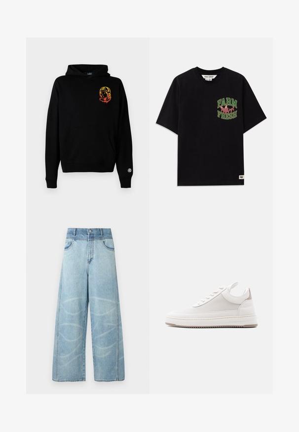 Sort hættetrøje lavet af blødt stof, med en frontlomme, ribbede manchetter og et astronautgrafik i orange og gul på venstre bryst.; Sort bomulds t-shirt med et grafisk print i grøn og pink tekst, der siger "FARM FRESH", med en løs pasform og korte ærmer.; Lyseblå jeans med vide ben og høj talje, forlommer, knaplukning og diskrete falmede swirl-mønstre på benene.; Lavtop hvid sneaker med tekstureret sidepanel, polstret krave, snørelukning foran og "Filling Pieces" branding på kantsålen.