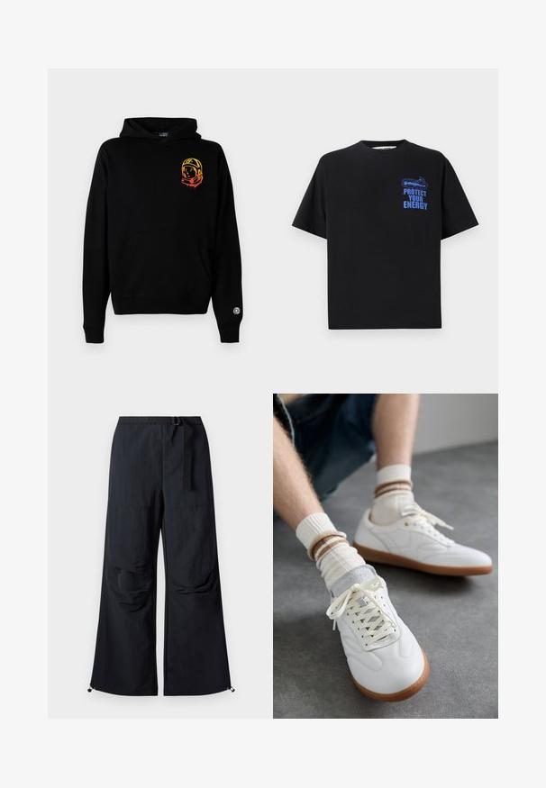 Schwarze Kapuzenjacke aus weichem Stoff, mit einer Vorderseite-Tasche, gerippten Bündchen und einem Astronauten-Graphic in Orange und Gelb auf der linken Brust.; Schwarzes Baumwoll-T-Shirt mit kurzen Ärmeln, mit blauem Text "BESCHÜTZE DEINE ENERGIE" und einem grafischen Design auf der oberen linken Seite.; Schwarze, weit geschnittene Hose aus leichtem Stoff. Verfügt über einen Gürtel, zwei große Seitentaschen und verstellbare Säume mit Kordelzug.; Weiße Ledersneaker mit glatter Textur, grauen Wildlederelementen, beigen Gummisohlen und flachen Schnürsenkeln. Kombiniert mit cremefarbenen und braun gestreiften Socken.