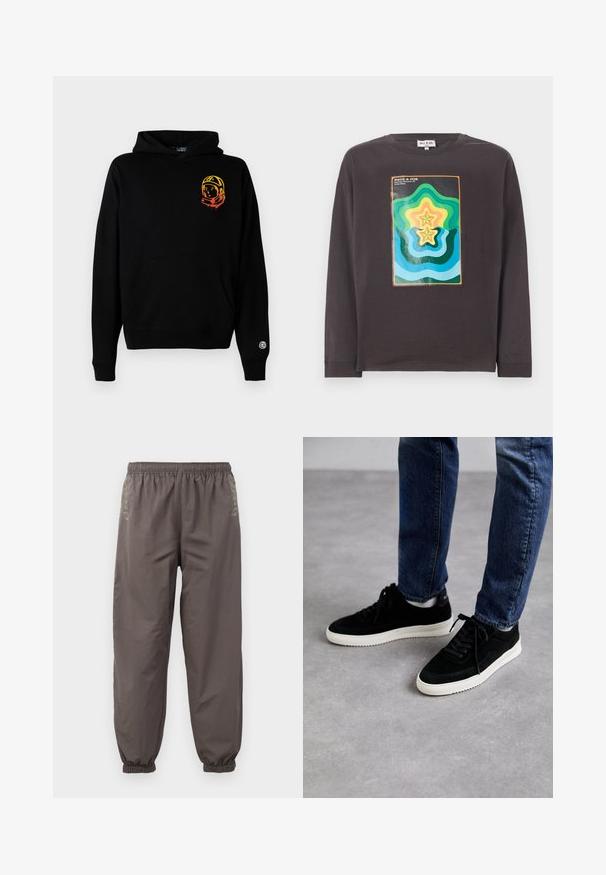 Schwarze Kapuzenjacke aus weichem Stoff, mit einer Vorderseite-Tasche, gerippten Bündchen und einem Astronauten-Graphic in Orange und Gelb auf der linken Brust.; Dunkelgraues langärmliges T-Shirt mit einem bunten geometrischen Design, das Wellen und Sterne in Grün, Blau, Gelb und Orange zeigt.; Dunkelgraue, elastische Hosen mit lockerer Passform. Mit gerafften Bündchen und dezentem Stickerei an den Seiten. Leichter Stoff.; Schwarze Wildledersneaker mit einer weißen Gummisohle, die ein klassisches Low-Top-Design, eine abgerundete Spitze und flache schwarze Schnürsenkel aufweisen.