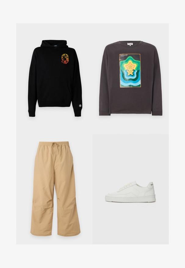 Sort hættetrøje lavet af blødt stof, med en frontlomme, ribbede manchetter og et astronautgrafik i orange og gul på venstre bryst.; Mørkegrå langærmet t-shirt med et farverigt geometrisk design med bølger og stjerner i grøn, blå, gul og orange.; Beige vide ben bukser lavet af letvægtsstof med en elastisk talje og snøre samt syede detaljer nær kanten.; Hvide lædersneakers med en glat overflade, rund tå, flade snørebånd og en tekstureret sål. Har et diskret logo på hælen.