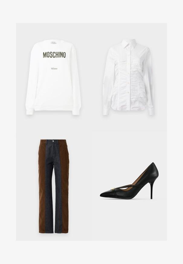 Pull en sweatshirt blanc présentant "MOSCHINO" en lettres olive foncé et "Milano" en texte plus petit en dessous. Encolure ronde classique et poignets côtelés.; Chemise blanche à manches longues avec un texture froncée sur le devant, petits boutons dorés et col standard.; Pantalons en velours côtelé et en denim avec des panneaux verticaux de couleur marron foncé et bleu marine, coupe droite et design standard à cinq poches.; Chaussure à talon haut en cuir noir avec bout pointu et fine bride sur le dessus, maintenue par une petite boucle dorée sur un fond uni.