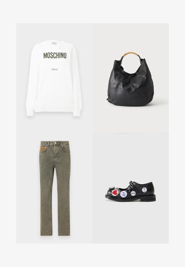 Pull en sweatshirt blanc présentant "MOSCHINO" en lettres olive foncé et "Milano" en texte plus petit en dessous. Encolure ronde classique et poignets côtelés.; Jean en denim vert avec une coupe droite, doté d'une poche en velours côtelé marron et d'une légère décoloration sur l'ensemble du tissu.; Chaussure Mary Jane en cuir noir avec une sangle et une boucle, ornée de divers autocollants ronds aux accents rouges, bleus et blancs. Design à semelle plate.; Sac à main en cuir noir avec une poignée en métal doré courbée, design décontracté et fond arrondi sur un fond clair uni.