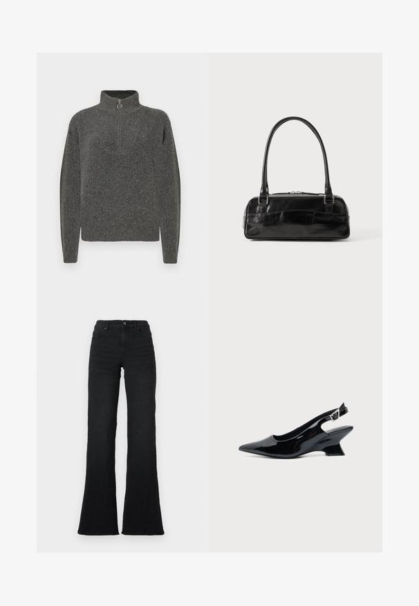 Pull gris à côtes avec col haut et fermeture à demi-zip, doté de manches longues et d'une texture travaillée.; Jean noir à taille haute évasée avec poches avant, passants de ceinture et fermeture à bouton sur fond blanc.; Chaussure slingback en cuir verni noir avec bout pointu et petit talon bloc incliné sur fond clair uni.; Sac à main en cuir noir de forme rectangulaire, doté d'une seule ansse structurée, de quincaillerie argentée et d'une fermeture éclair. Texture lisse.