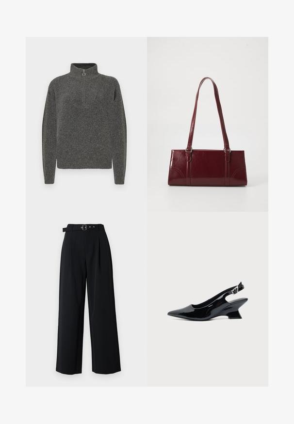 Pull gris à côtes avec col haut et fermeture à demi-zip, doté de manches longues et d'une texture travaillée.; Pantalon noir à jambes larges avec plis, doté d'une ceinture avec une boucle en métal et de doubles passants. Tissu lisse avec un design épuré.; Chaussure slingback en cuir verni noir avec bout pointu et petit talon bloc incliné sur fond clair uni.; Sac à main bordeaux en matériau brillant, de forme rectangulaire, avec deux anses et des accents légèrement courbés à l'avant.