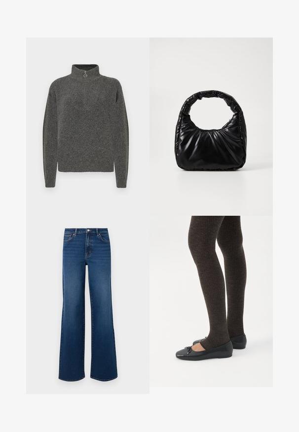 Grijze ribbeltrui met hoge kraag en halve rits, voorzien van lange mouwen en een gestructureerde afwerking.; Brede denim jeans in donkerblauw met een textuurafwerking, voorzien van een knoopsluiting, vijf zakken en een rechte zoom.; Benen met donkere geribbelde leggings gecombineerd met zwarte ballerina's met kleine strikdetails op een witte achtergrond.; Zwarte gevoerde handtas met een ronde handgreep, met een gladde, glanzende oppervlakte en een zachte, gewatteerde textuur. Geen zichtbare metalen onderdelen of accenten.