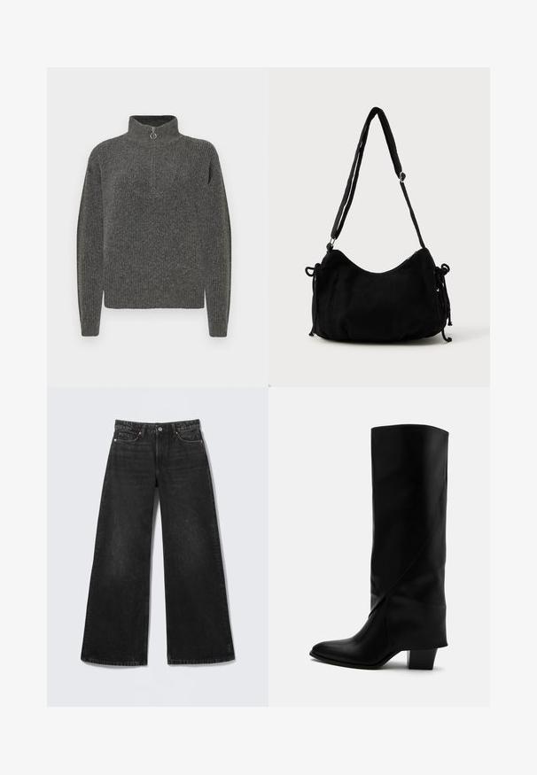 Pull gris à côtes avec col haut et fermeture à demi-zip, doté de manches longues et d'une texture travaillée.; Jean noir à jambes larges avec cinq poches et fermeture par bouton, présenté à plat sur un fond clair.; Botte haute en cuir noir avec couture inclinée, bout pointu et talon épais de taille moyenne sur fond blanc.; Sac à épaule en velours côtelé noir avec une forme courbée, bandoulière réglable et fermetures à cordon des deux côtés pour un ajustement de taille.