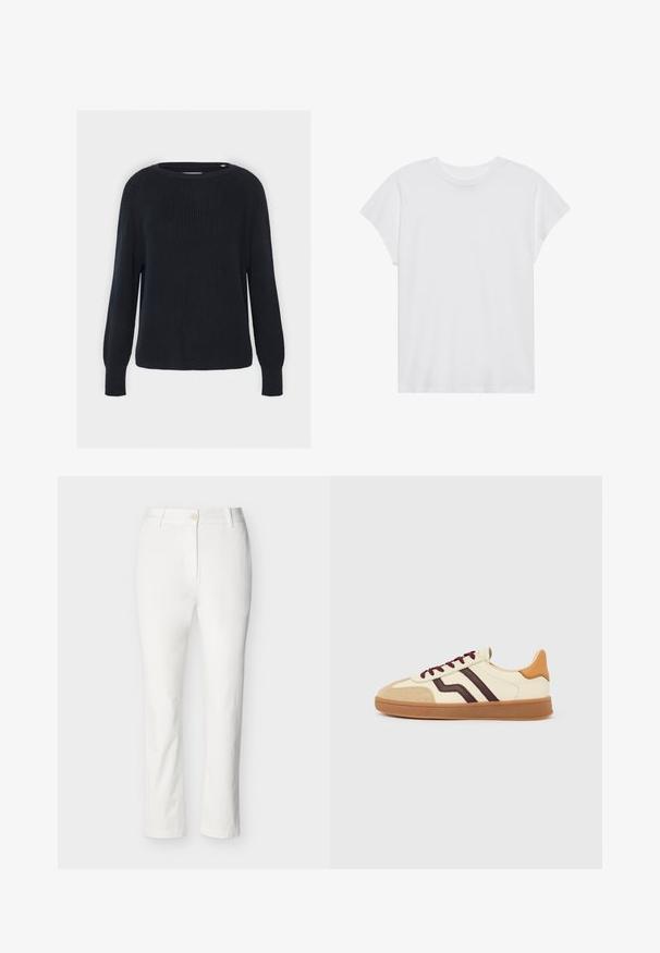 Pull en maille bleu marine avec col rond, texture côtelée et longues manches raglan. Il présente une coupe droite à l'ourlet.; T-shirt blanc à manches courtes, col rond, coupe décontractée, en tissu de coton doux. Texture lisse, sans motifs ni logos.; Pantalon blanc à jambes droites avec passants pour ceinture, fermeture par bouton et braguette zippée, présenté sur un fond clair uni.; Baskets basses avec empeigne crème, bandes latérales marron foncé, bout en daim marron clair, lacets marron et semelle gomme sur fond blanc.