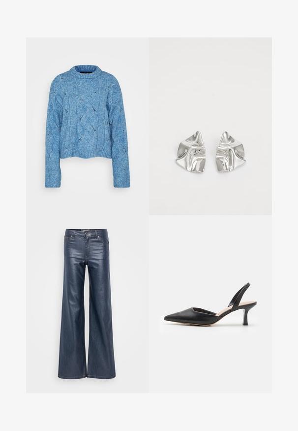 Vero Moda Tall VMLINA O NECK - Svetrík - allure melange; Široké tmavé dením džínsy s hladkým povrchom, prednými vreckami a klasickým zapínaním na gombík a zips. Minimalistický dizajn bez viditeľných vzorov.; Čierna kožená slingback obuv s špicatou špičkou, tenkým podpätkom a čistým dizajnom, ktorý má elegantný siluetu a hladkú textúru.; Strieborné kovové náušnice s vlnitým, sochárskym dizajnom, s lešteným povrchom a nepravidelnými tvarmi, ktoré zvýrazňujú súčasnú estetiku.