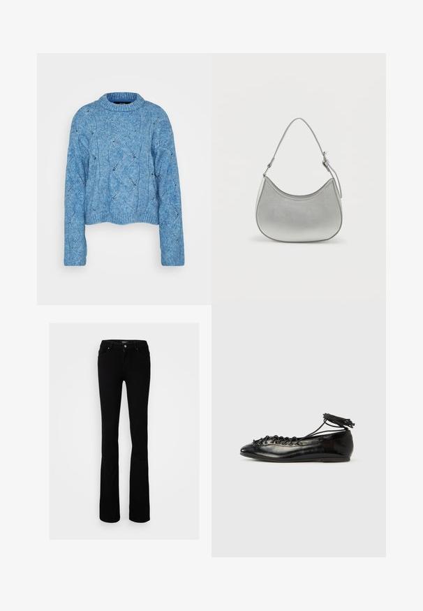 Vero Moda Tall VMLINA O NECK - Jersey de punto - allure melange; Jeans de mezclilla negra elástica de campana con cierre de botón, cuatro bolsillos y una textura suave, diseñados para una silueta ajustada.; Zapatos planos tipo ballet de charol negro con punta redondeada, diseño con cordones y suela plana. Textura lisa con detalles mínimos.; Bolso de mano de imitación cuero plateado con forma curva, correa corta ajustable y textura suave, que presenta un detalle de costura minimalista.