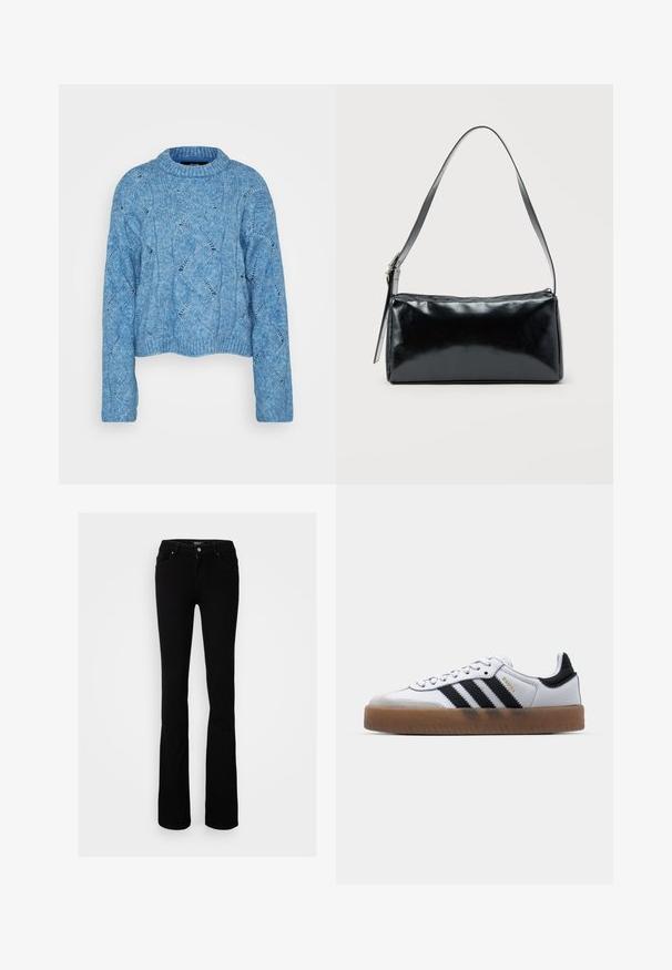 Vero Moda Tall VMLINA O NECK - Svetrík - allure melange; Čierne elastické deninové rozšírené džínsy so zapínaním na gombík, štyrmi vreckami a hladkou textúrou, navrhnuté pre priliehavý siluetu.; Biele kožené tenisky s čiernymi pruhmi, gumová podrážka, okrúhla špička, šnurovanie a mäkký sivý semišový špička.; Čierna obdĺžniková kabelka na rameno s jedným nastaviteľným remienkom a horným zipsom na jednofarebnom pozadí.